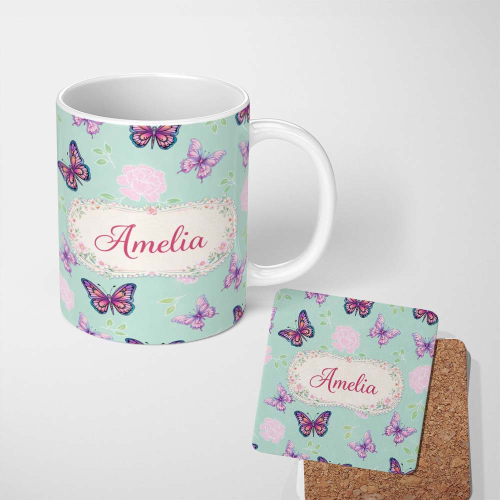 Personalized Custom Name Pink Purple Butterfly Floral Teal Background Seamless Pattern Lovely 11oz Ceramic Coffee Tea Mug White Large Handle