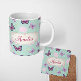 Personalized Custom Name Pink Purple Butterfly Floral Teal Background Seamless Pattern Lovely 11oz Ceramic Coffee Tea Mug White Large Handle