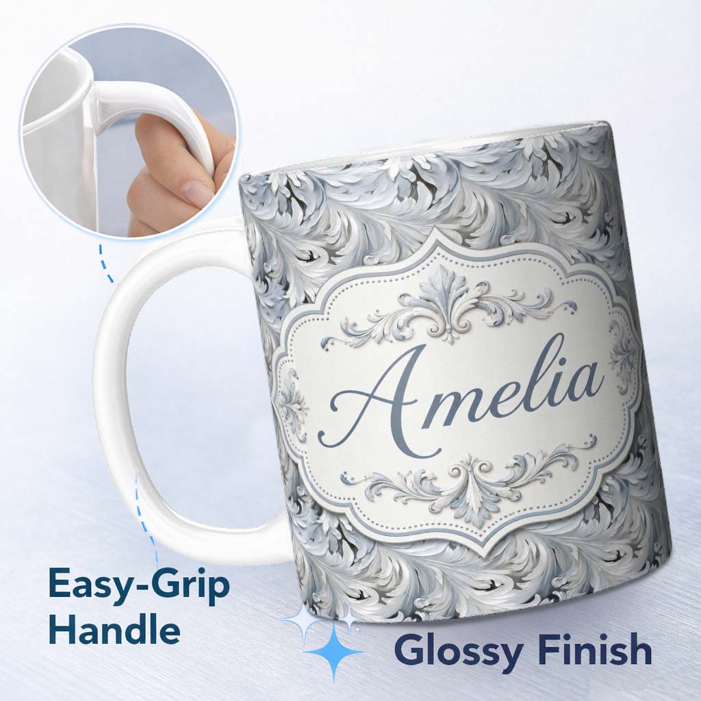 Personalized Custom Name Abstract Grey Marble Swirl Pattern with Fluid Flowing Texture Lovely 11oz Ceramic Coffee Tea Mug White Large Handle