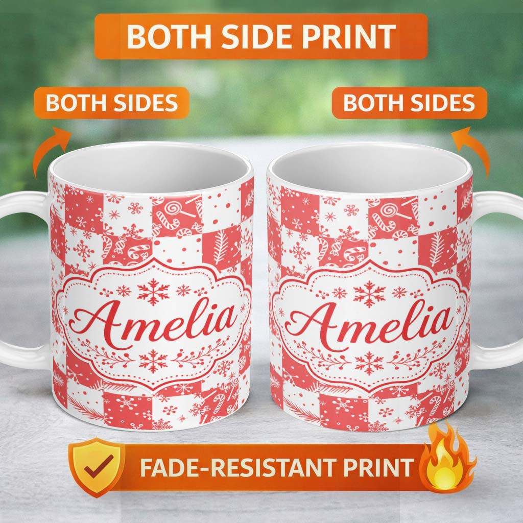Personalized Custom Name Red White Patchwork Christmas Candy Snowflake Seamless Pattern 11oz Ceramic Coffee Tea Mug White Large Handle