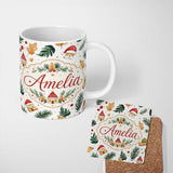Personalized Custom Name Festive Christmas Leaves Santa Houses Baubles Watercolor Seamless 11oz Ceramic Coffee Tea Mug White Large Handle