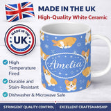 Personalized Custom Name Cute Corgi Dogs Stars Blue Background Seamless Pattern Lovely 11oz Ceramic Coffee Tea Mug White Large Handle