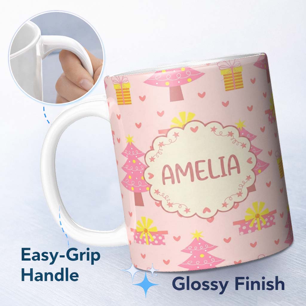 Personalized Custom Name Pink Christmas Tree Gift Box Heart Seamless Pattern Cute Unique Gift 11oz Ceramic Coffee Tea Mug White Large Handle