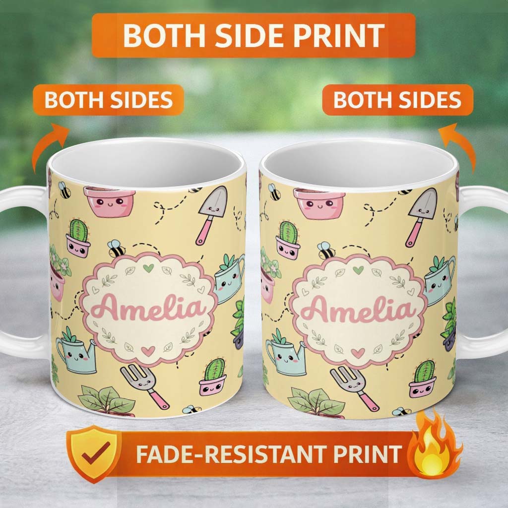 Personalized Custom Name Cute Kawaii Garden Tools Plants Bees Seamless Pattern Yellow Lovely 11oz Ceramic Coffee Tea Mug White Large Handle