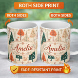 Personalized Custom Name Scandinavian Style Christmas Trees Forest Seamless Pattern Lovely 11oz Ceramic Coffee Tea Mug White Large Handle