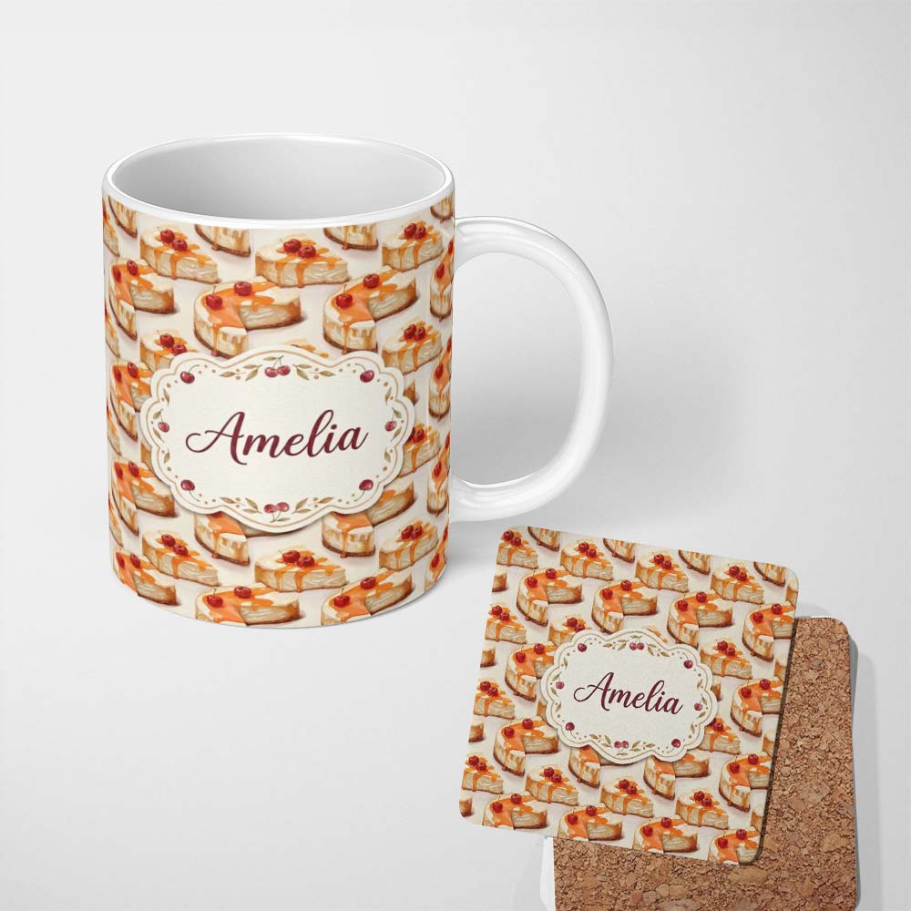 Personalized Custom Name Caramel Drizzle Cheesecake Slice Sweet Dessert Seamless Pattern 11oz Ceramic Coffee Tea Mug White Large Handle