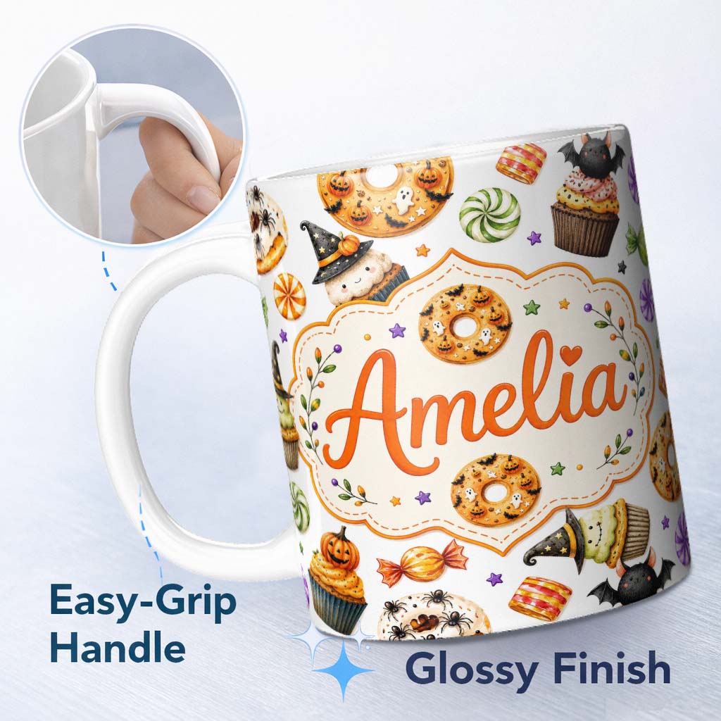 Personalized Custom Name Cute Halloween Donut Spooky Treats Light Grey Background Seamless 11oz Ceramic Coffee Tea Mug White Large Handle