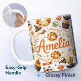 Personalized Custom Name Cute Halloween Donut Spooky Treats Light Grey Background Seamless 11oz Ceramic Coffee Tea Mug White Large Handle