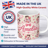 Personalized Custom Name Romantic Couple Kissing Floral Bouquet Hearts Seamless Pattern Beige 11oz Ceramic Coffee Tea Mug White Large Handle