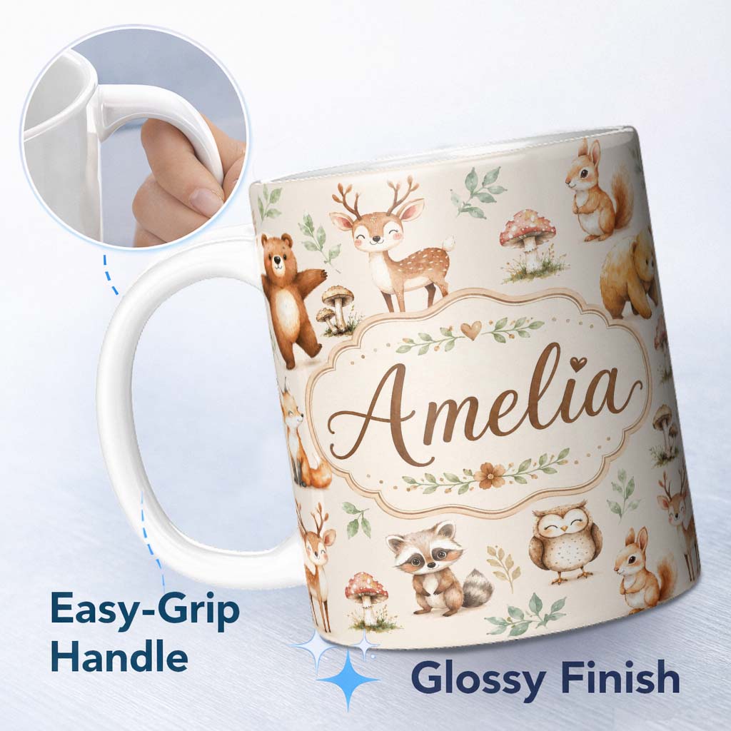 Personalized Custom Name Forest Animals Bear Deer Fox Owl Raccoon on Neutral Cream Seamless 11oz Ceramic Coffee Tea Mug White Large Handle