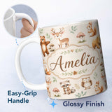 Personalized Custom Name Forest Animals Bear Deer Fox Owl Raccoon on Neutral Cream Seamless 11oz Ceramic Coffee Tea Mug White Large Handle