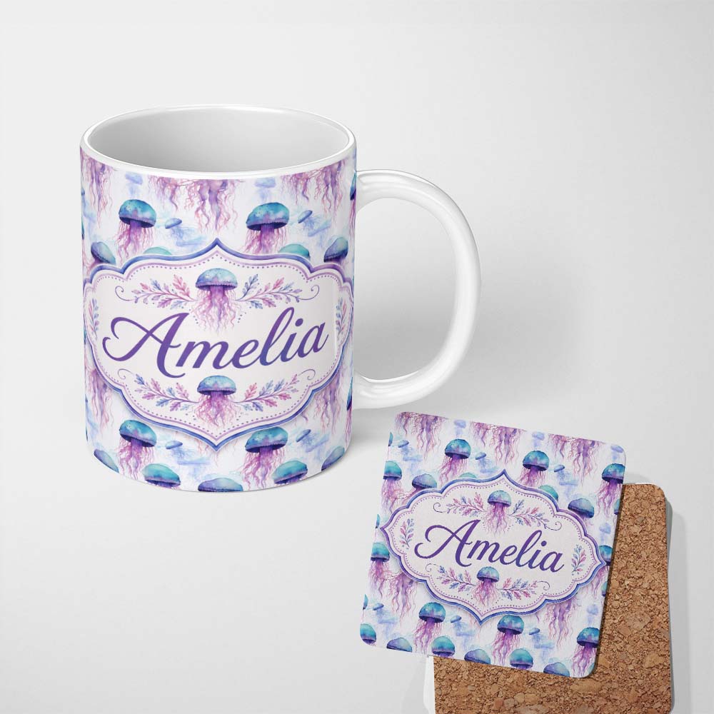Personalized Custom Name Soft Pastel Jellyfish Floating Underwater Seamless Pattern on Light 11oz Ceramic Coffee Tea Mug White Large Handle