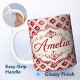 Personalized Custom Name Geometric Red Tile Moroccan Style Seamless Pattern Cute Unique Gift 11oz Ceramic Coffee Tea Mug White Large Handle