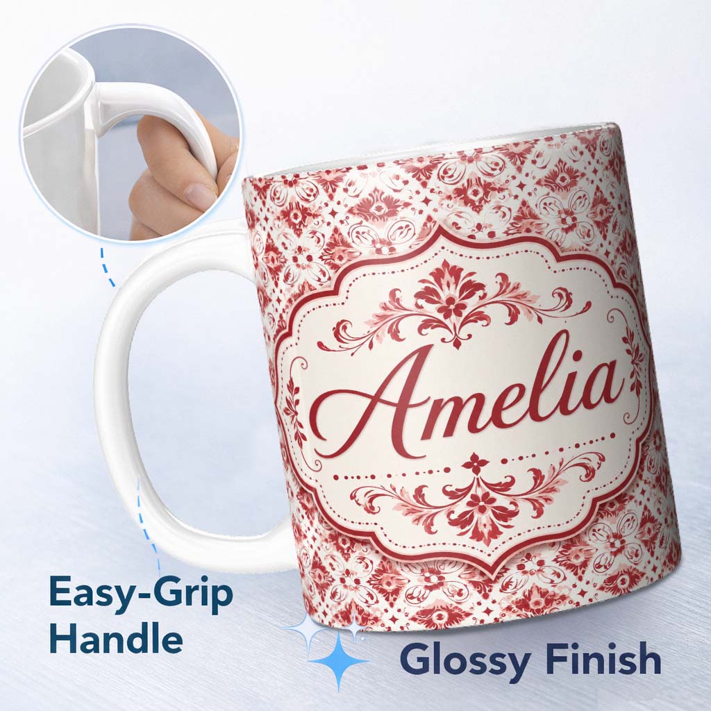 Personalized Custom Name Delicate Red Floral Decorative Motif Seamless Pattern Lovely 11oz Ceramic Coffee Tea Mug White Large Handle