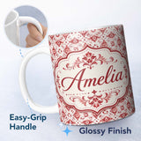 Personalized Custom Name Delicate Red Floral Decorative Motif Seamless Pattern Lovely 11oz Ceramic Coffee Tea Mug White Large Handle