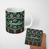 Personalized Custom Name Knitted Red White Christmas Tree Snowflake Seamless Pattern Lovely 11oz Ceramic Coffee Tea Mug White Large Handle