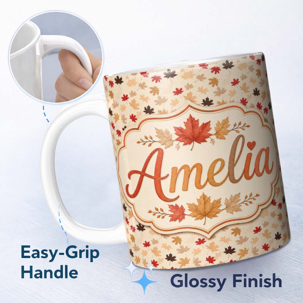 Personalized Custom Name Autumn Maple Leaves in Red Brown and Beige Tones on Soft Background 11oz Ceramic Coffee Tea Mug White Large Handle