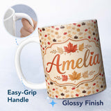 Personalized Custom Name Autumn Maple Leaves in Red Brown and Beige Tones on Soft Background 11oz Ceramic Coffee Tea Mug White Large Handle