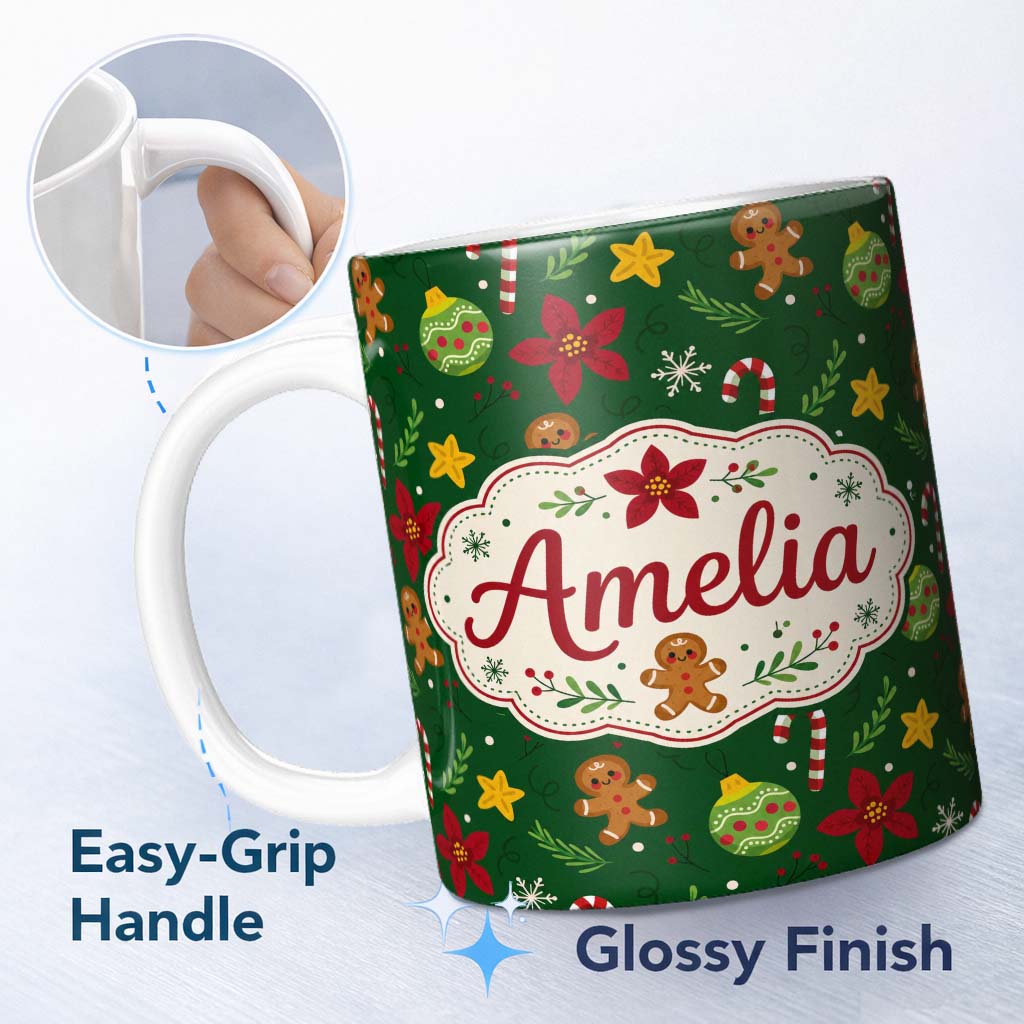 Personalized Custom Name Cute Gingerbread Poinsettia Ornament Candy Cane Seamless Pattern 11oz Ceramic Coffee Tea Mug White Large Handle