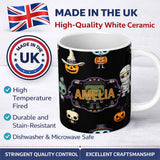 Personalized Custom Name Cute Halloween Characters Pumpkin Skull Mummy Seamless Pattern White 11oz Ceramic Coffee Tea Mug White Large Handle