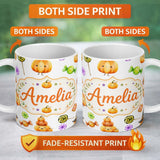 Personalized Custom Name Cute Halloween Pumpkin Candy Characters Soft Grey Background 11oz Ceramic Coffee Tea Mug White Large Handle