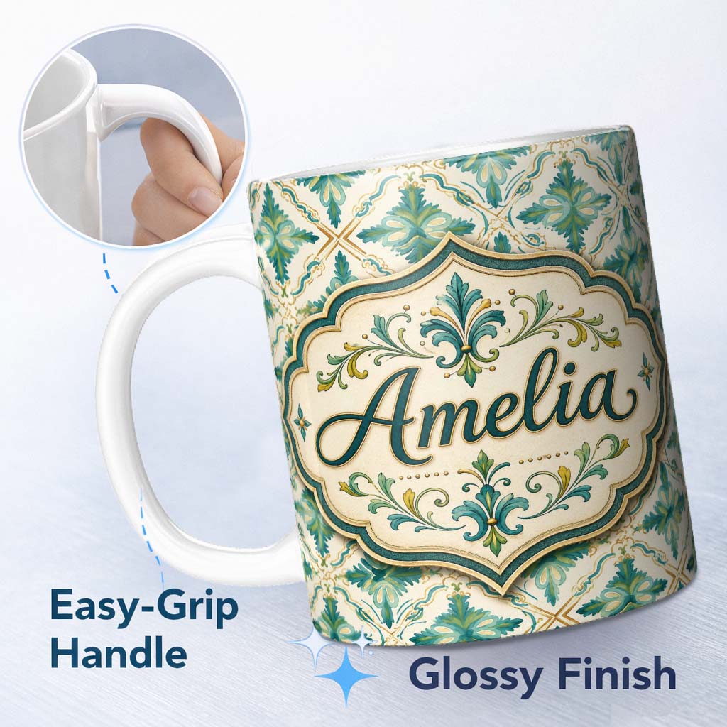 Personalized Custom Name Elegant Geometric Floral Tile Green and Gold Seamless Pattern Lovely 11oz Ceramic Coffee Tea Mug White Large Handle