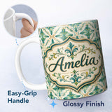 Personalized Custom Name Elegant Geometric Floral Tile Green and Gold Seamless Pattern Lovely 11oz Ceramic Coffee Tea Mug White Large Handle
