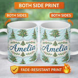 Personalized Custom Name Decorated Christmas Trees with Colorful Baubles on Blue Striped 11oz Ceramic Coffee Tea Mug White Large Handle