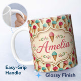Personalized Custom Name Cute Cartoon Ice Cream Cone Pattern in Pink Blue and Chocolate on 11oz Ceramic Coffee Tea Mug White Large Handle