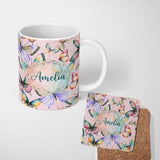 Personalized Custom Name Pastel Watercolor Butterflies Soft Pink Background Seamless Pattern 11oz Ceramic Coffee Tea Mug White Large Handle