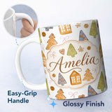 Personalized Custom Name Rustic Wooden Christmas Tree House Button Craft Seamless Pattern 11oz Ceramic Coffee Tea Mug White Large Handle