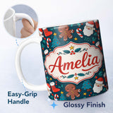 Personalized Custom Name Cute Gingerbread Santa Tree Candy Cane Seamless Pattern Design Kids 11oz Ceramic Coffee Tea Mug White Large Handle