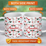 Personalized Custom Name Christmas Hat Mittens Lights Candy Cane Seamless Pattern Lovely 11oz Ceramic Coffee Tea Mug White Large Handle