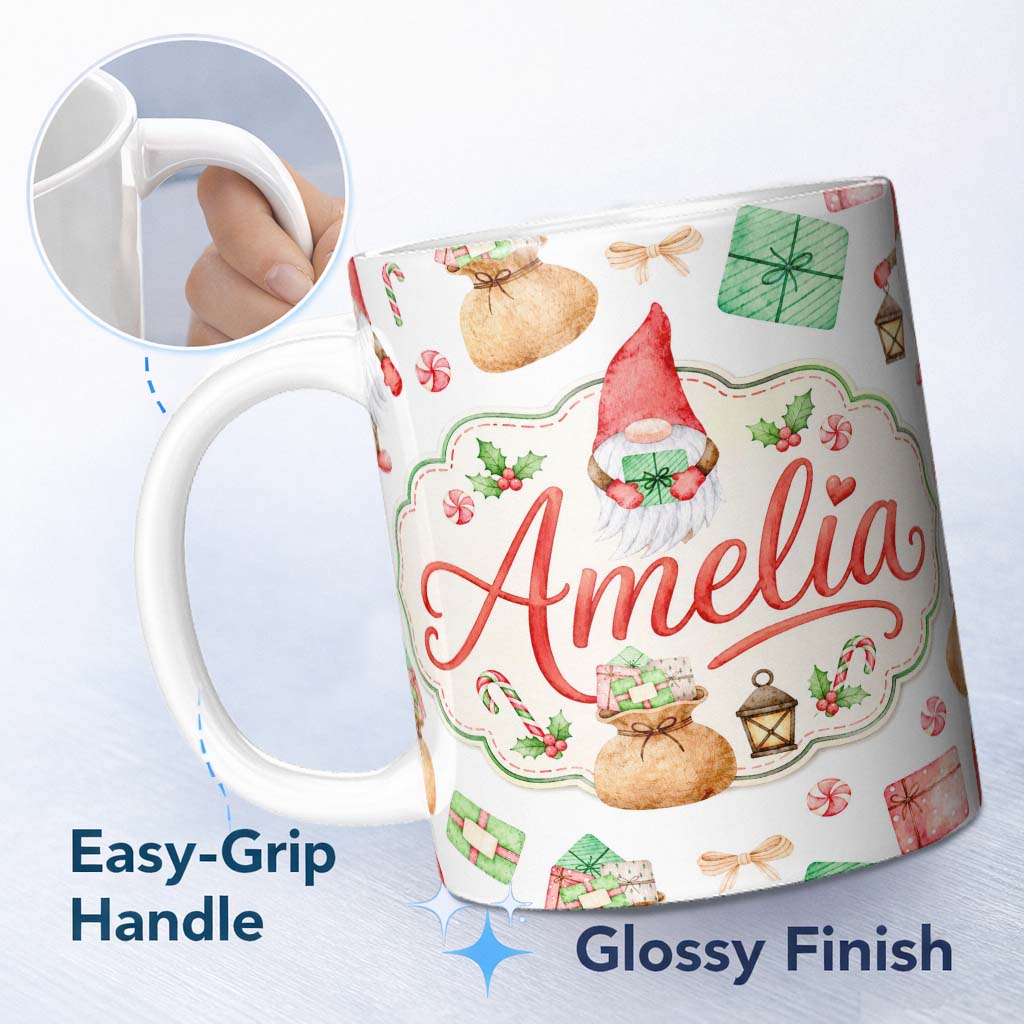 Personalized Custom Name Cute Christmas Gnome Gift Candy Cane Holiday Seamless Pattern Lovely 11oz Ceramic Coffee Tea Mug White Large Handle