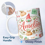 Personalized Custom Name Cute Christmas Gnome Gift Candy Cane Holiday Seamless Pattern Lovely 11oz Ceramic Coffee Tea Mug White Large Handle