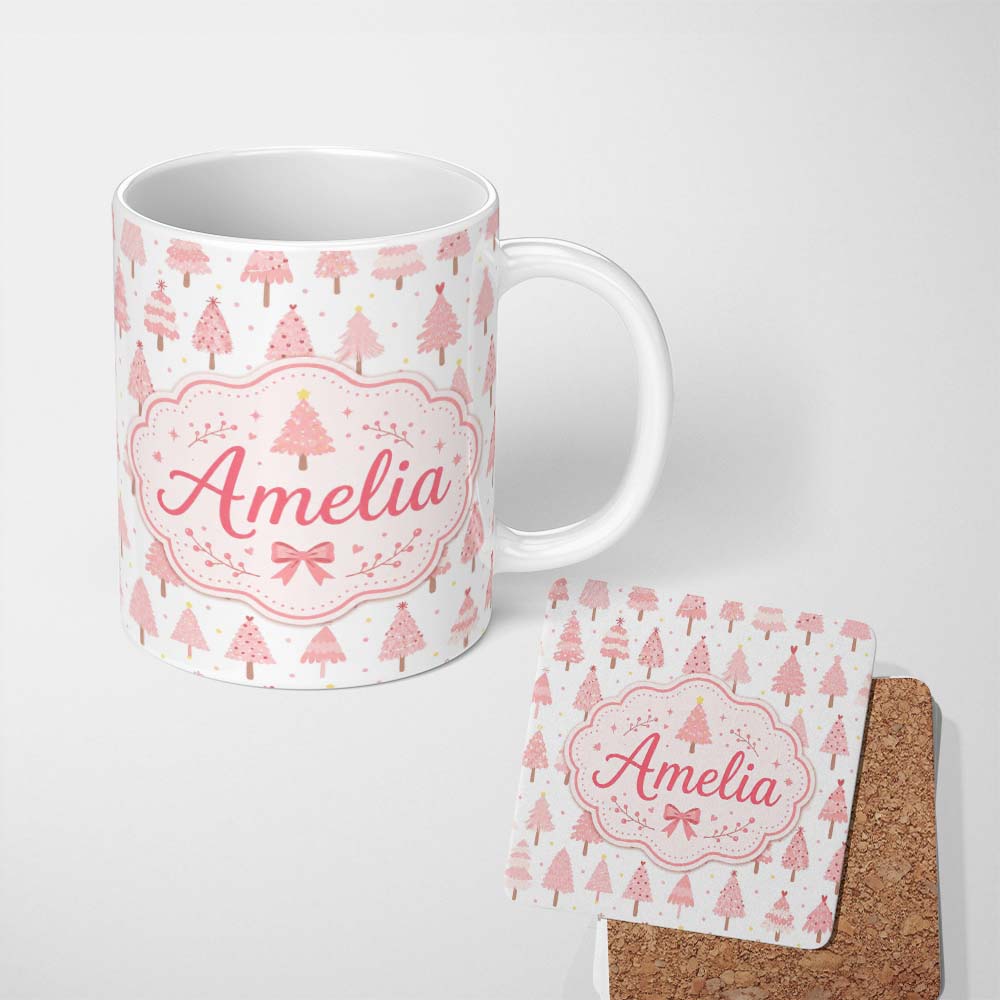 Personalized Custom Name Pink Christmas Tree Forest Cute Seamless Pattern Cute Unique Gift 11oz Ceramic Coffee Tea Mug White Large Handle