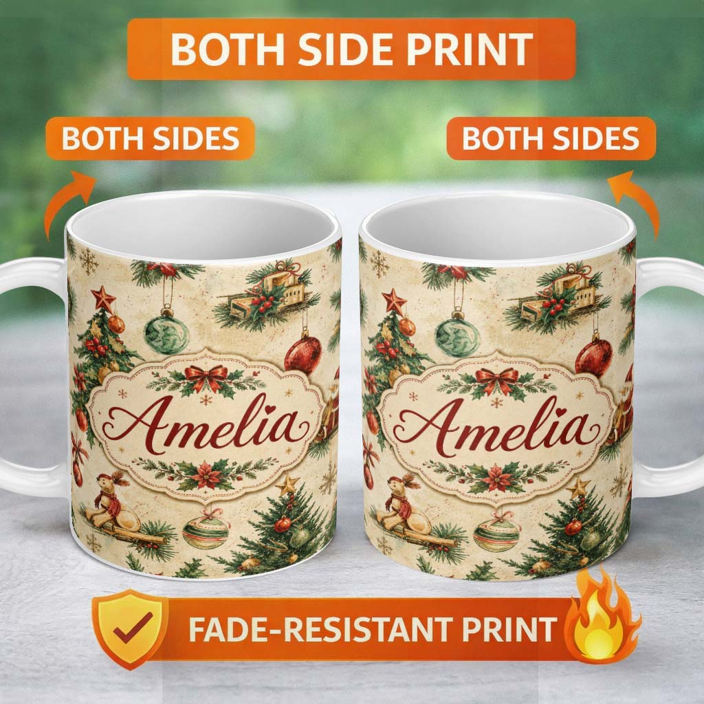 Personalized Custom Name Vintage Christmas Tree Wreath Baubles Rustic Holiday Seamless Lovely 11oz Ceramic Coffee Tea Mug White Large Handle