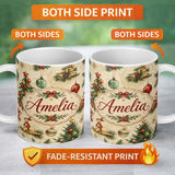 Personalized Custom Name Vintage Christmas Tree Wreath Baubles Rustic Holiday Seamless Lovely 11oz Ceramic Coffee Tea Mug White Large Handle