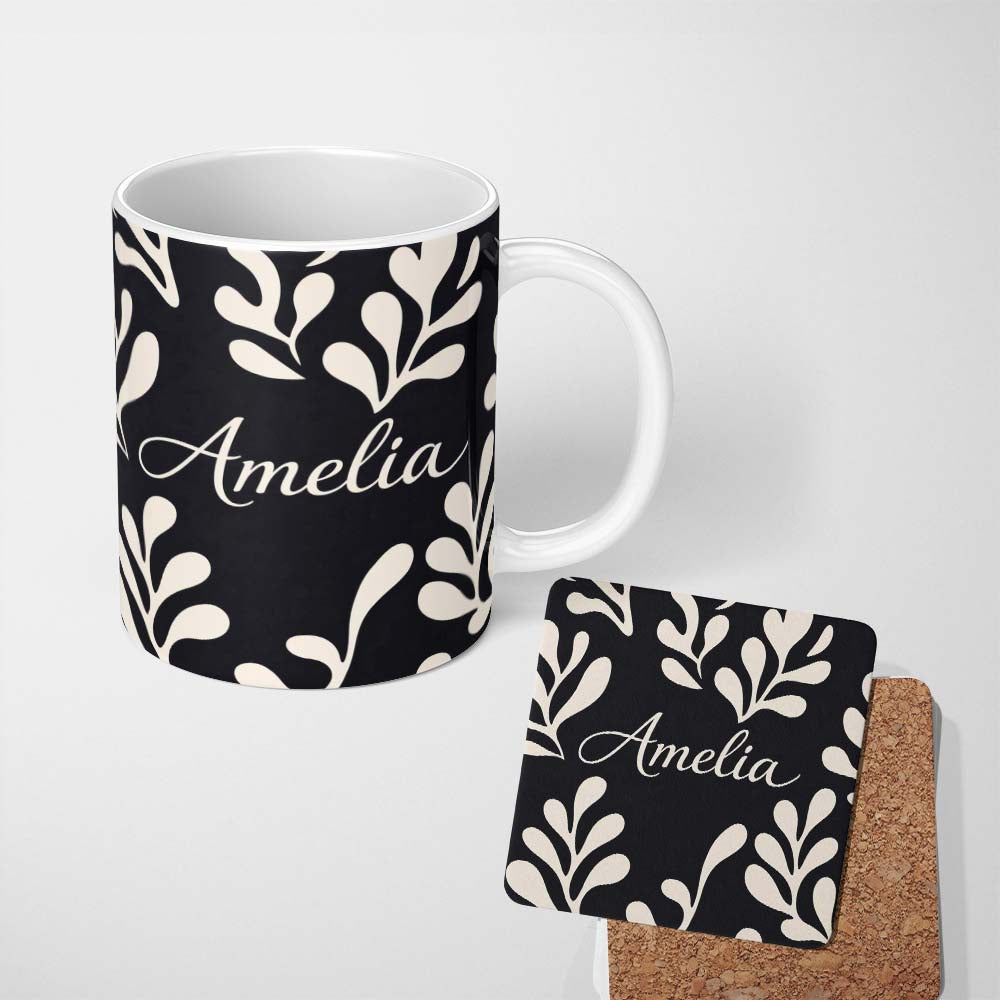 Personalized Custom Name Midnight Botanical Flow Black Cream Abstract Leaf Pattern Lovely 11oz Ceramic Coffee Tea Mug White Large Handle
