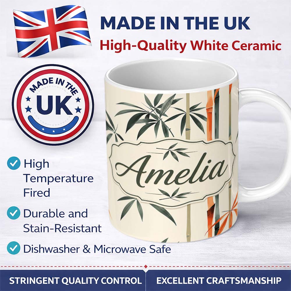 Personalized Custom Name Artistic Bamboo Leaves and Stems on Neutral Background Pattern 11oz Ceramic Coffee Tea Mug White Large Handle