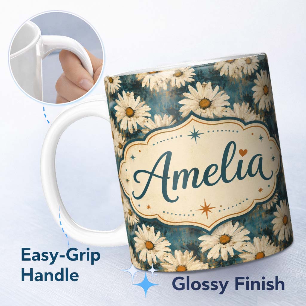 Personalized Custom Name Bold White Daisy Blooms on Deep Textured Teal Background Lovely 11oz Ceramic Coffee Tea Mug White Large Handle