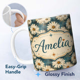 Personalized Custom Name Bold White Daisy Blooms on Deep Textured Teal Background Lovely 11oz Ceramic Coffee Tea Mug White Large Handle