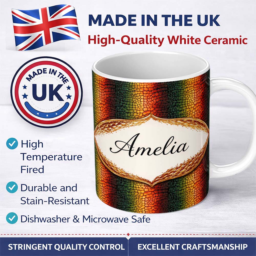 Personalized Custom Name Multicolour Crocodile Texture Pattern Vibrant Abstract Design Lovely 11oz Ceramic Coffee Tea Mug White Large Handle