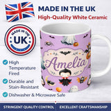 Personalized Custom Name Halloween Vampire Ghost Bat Spooky Character Purple Seamless 11oz Ceramic Coffee Tea Mug White Large Handle