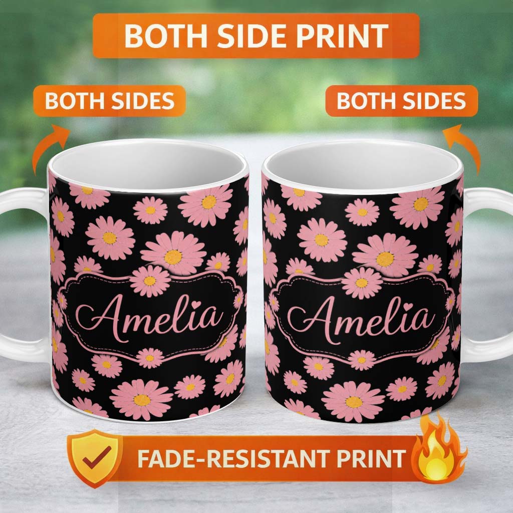 Personalized Custom Name Pink Daisy Floral Seamless Pattern on Light Background Lovely 11oz Ceramic Coffee Tea Mug White Large Handle