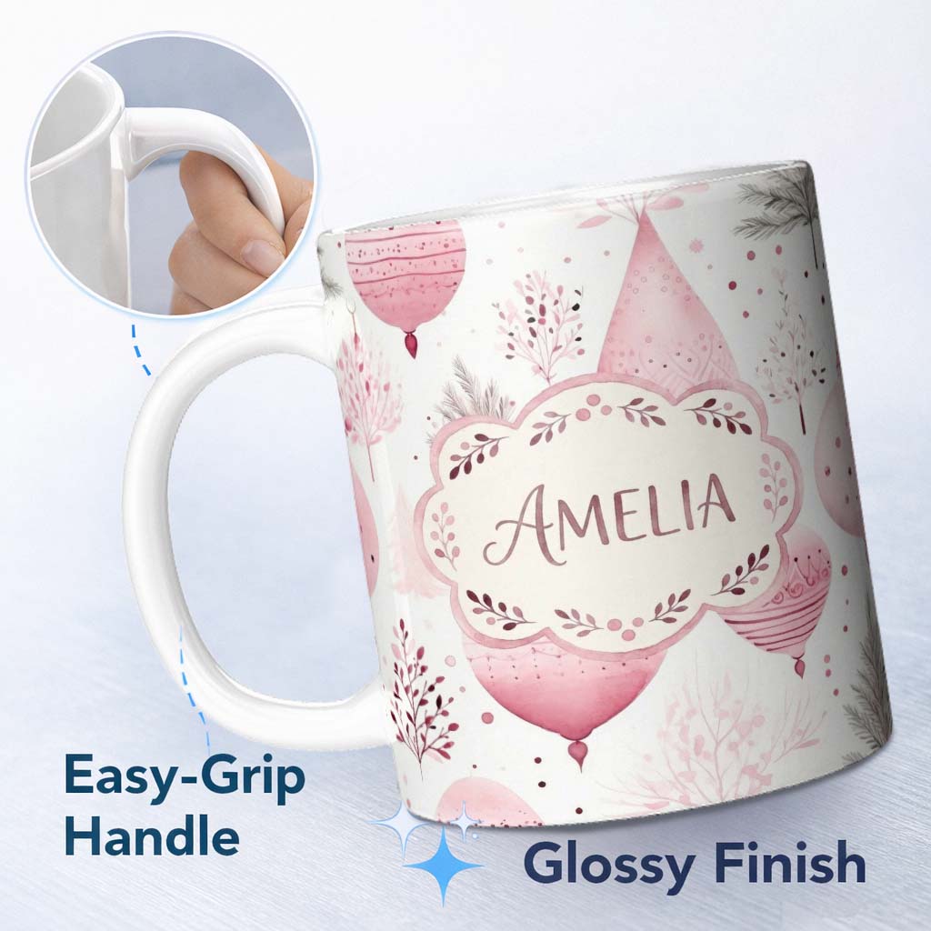 Personalized Custom Name Watercolor Pink Christmas Bauble Ornament Botanical Seamless Pattern 11oz Ceramic Coffee Tea Mug White Large Handle