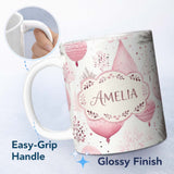 Personalized Custom Name Watercolor Pink Christmas Bauble Ornament Botanical Seamless Pattern 11oz Ceramic Coffee Tea Mug White Large Handle
