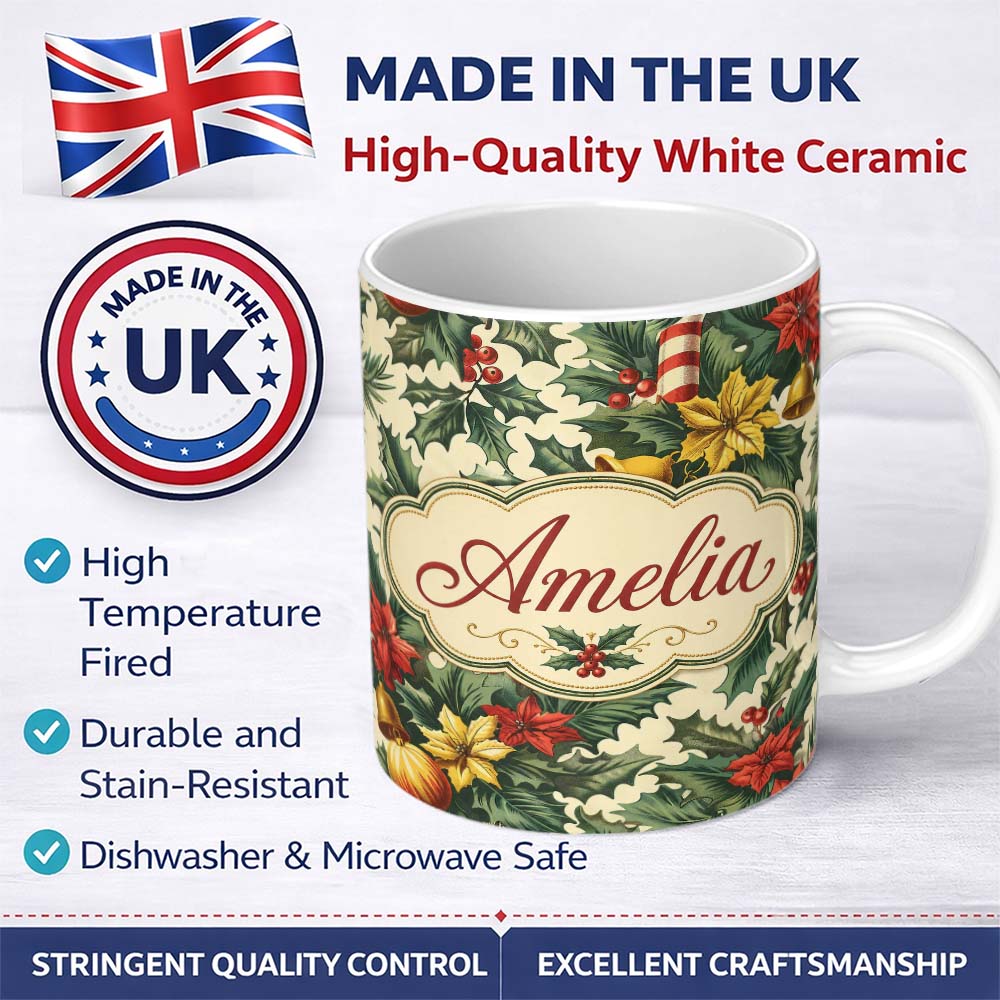 Personalized Custom Name Elegant Christmas Holly Leaves with Bells and Poinsettia Festive 11oz Ceramic Coffee Tea Mug White Large Handle