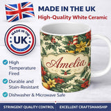 Personalized Custom Name Elegant Christmas Holly Leaves with Bells and Poinsettia Festive 11oz Ceramic Coffee Tea Mug White Large Handle