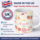 Personalized Custom Name Strawberry Cherry Daisy Floral Bow Sweet Dessert Yellow Outline 11oz Ceramic Coffee Tea Mug White Large Handle